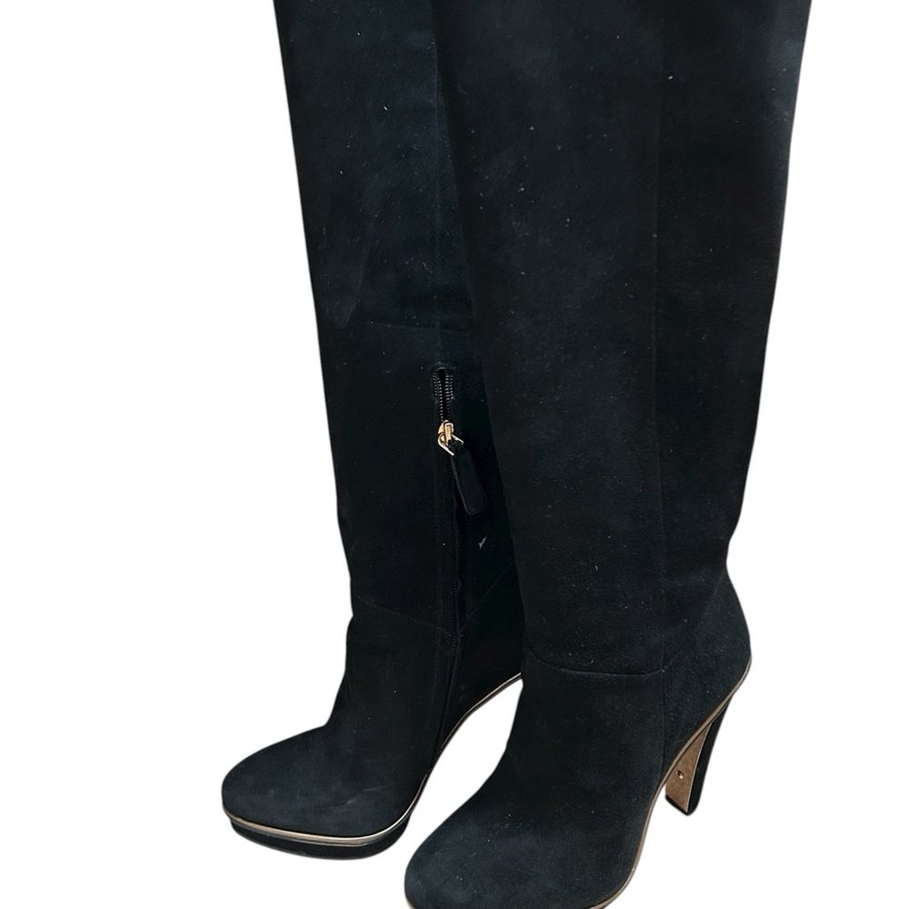 BCBGMaxAzria Elegant Black Suede Heeled Boots Trimmed with Gold Great Preowned - Picture 3 of 14